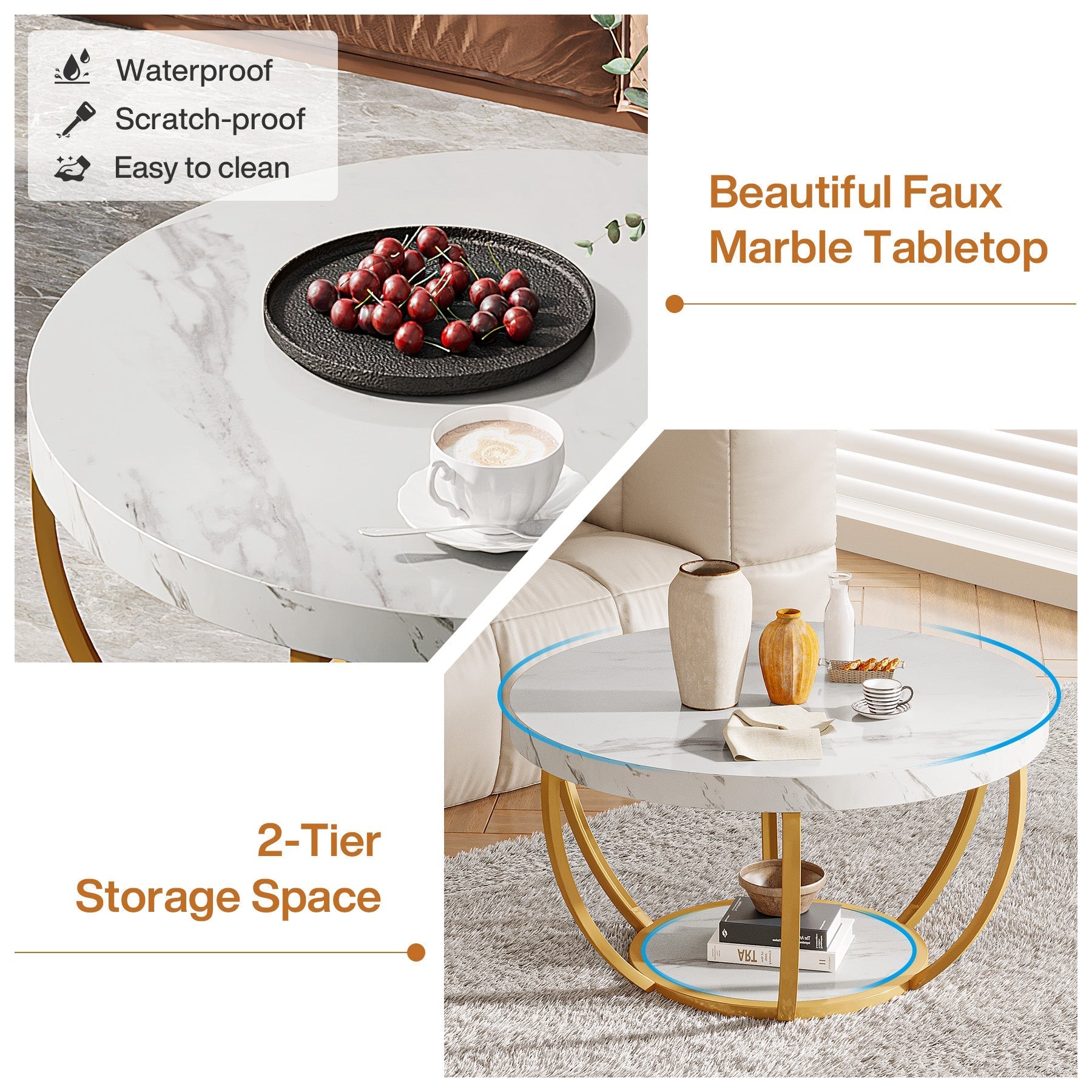 Wooden Coffee Table, 2-Tier Round Central Cocktail Table with Shelves Tribesigns
